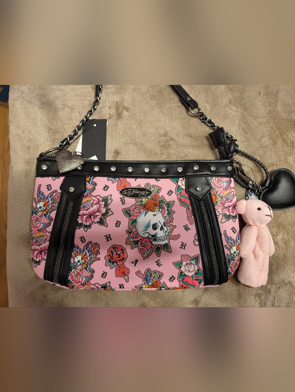Ed Hardy Pink Skull & Rose Crossbody with Black Trim